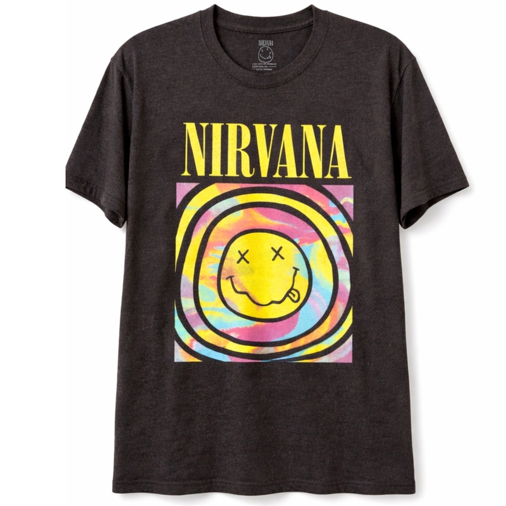Nirvana Graphic T-Shirt Men Charcoal Grey Smiley Face Tie Dye Swirl Band Tee XXL
